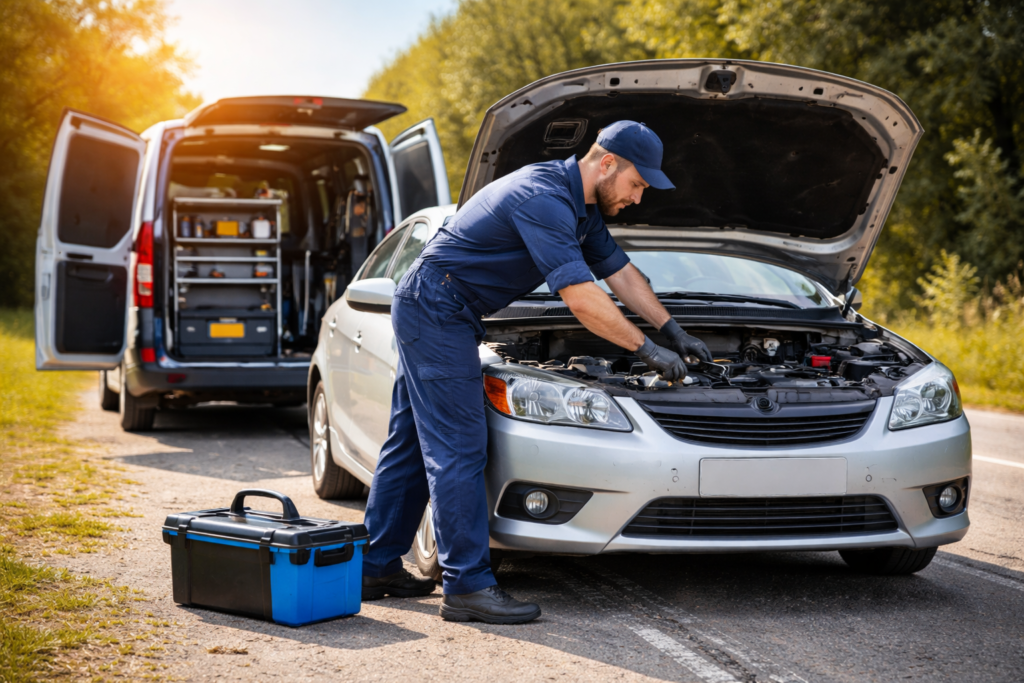 Mobile Mechanic fixing a car on the side of the road